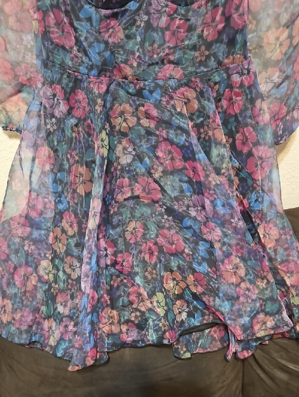 Sheer Floral Puff-Sleeve Mini Dress in Blue & Pink - Picture 3 of 9
